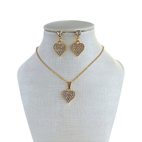 Conjunto Folheado Ouro 18k e Prata 925 Coração Strass