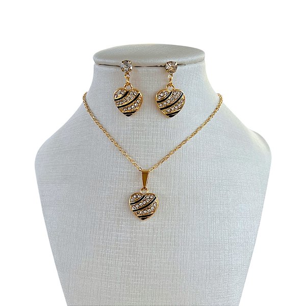 Conjunto Folheado Ouro 18k e Prata 925 Coração Resinado Strass