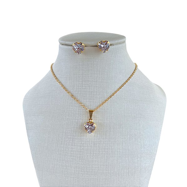 Conjunto Folheado Ouro 18k e Prata 925 Ponto de Luz Coração