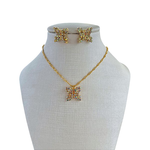 Conjunto Folheado Ouro 18k e Prata 925 Borboleta Strass