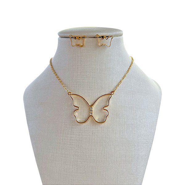 Conjunto Folheado Ouro 18k e Prata 925 Borboleta Vazada