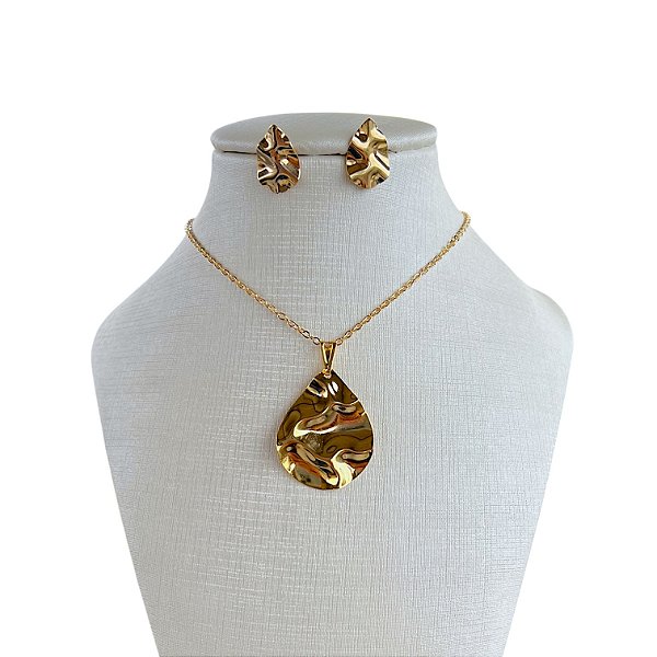 Conjunto Folheado Ouro 18k e Prata 925 Gota Chapeada