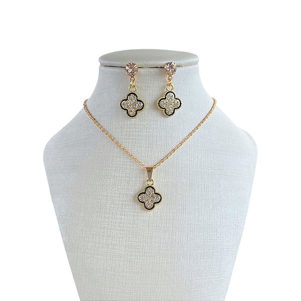Conjunto Folheado Ouro 18k e Prata 925 Trevo Strass