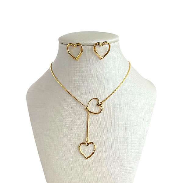 Conjunto Folheado Ouro 18k e Prata 925 Gravatinha Coração