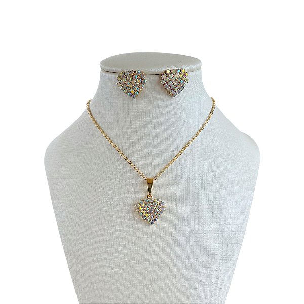 Conjunto Folheado Ouro 18k e Prata 925 Coração Strass