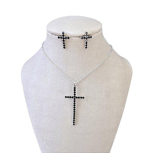Conjunto Folheado Ouro 18k e Prata 925 Cruz Strass