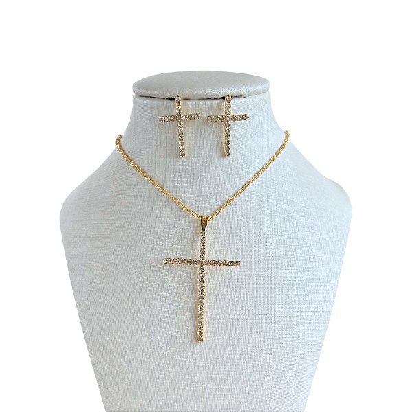 Conjunto Folheado Ouro 18k e Prata 925 Cruz Strass