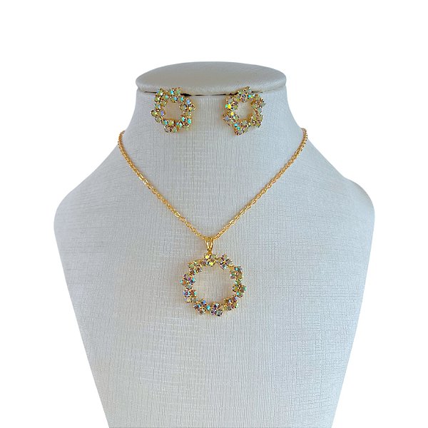 Conjunto Folheado Ouro 18k e Prata 925 Mandala Strass