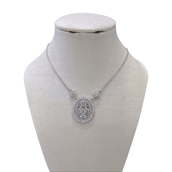 Colar Folheado Prata 925 Nossa Senhora das Graças Cravejada