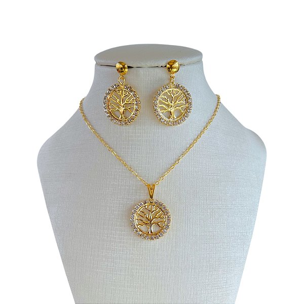 Conjunto Folheado Ouro 18k e Prata 925 Árvore da Vida Strass