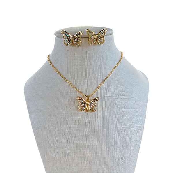 Conjunto Folheado Ouro 18k e Prata 925 Borboleta Strass
