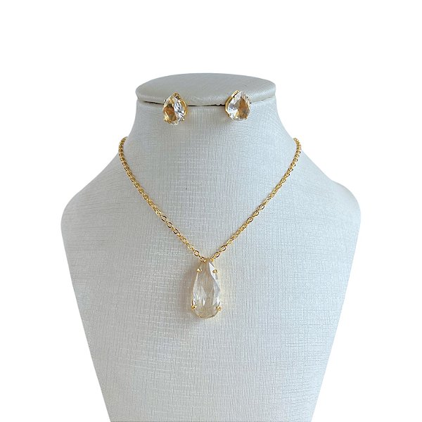 Conjunto Folheado Ouro 18k e Prata 925 Gota Cumprida Cristal