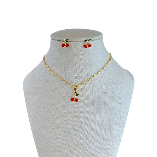 Conjunto Folheado Ouro 18k e Prata 925 Infantil Cereja Pequena