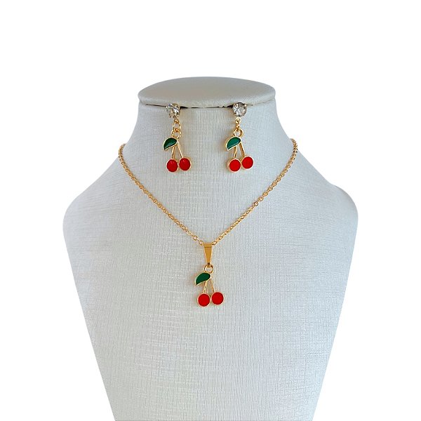 Conjunto Folheado Ouro 18k e Prata 925 Infantil Cereja Média