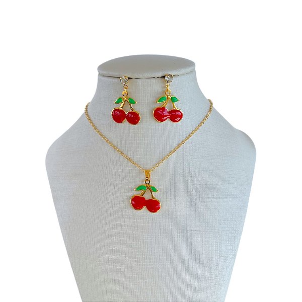Conjunto Folheado Ouro 18k e Prata 925 Infantil Cereja Grande