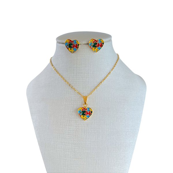 Conjunto Folheado Ouro 18k e Prata 925 Infantil Coração Autista