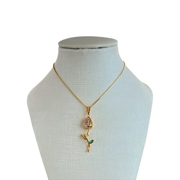 Colar Folheado Ouro 18k e Prata 925 Rosa Cravejada
