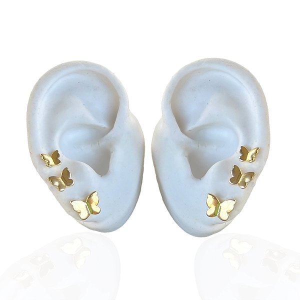 Trio Brincos Folheado Ouro 18k e Prata 925 Borboletas