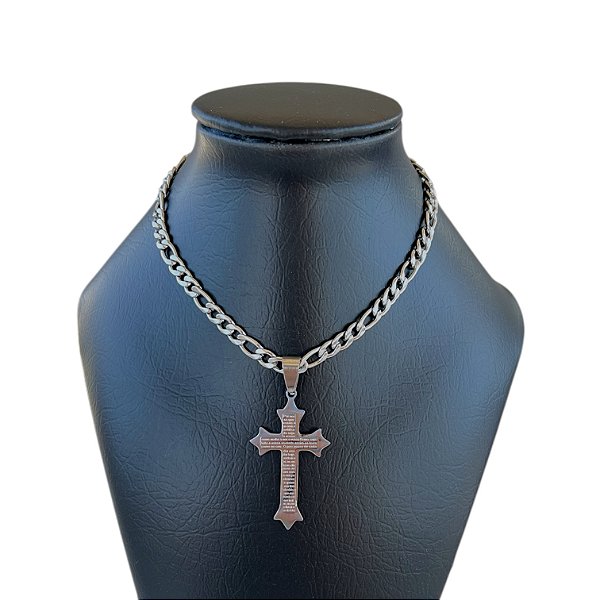 Corrente Masculina Aço Inoxidável Crucifixo Pai Nosso