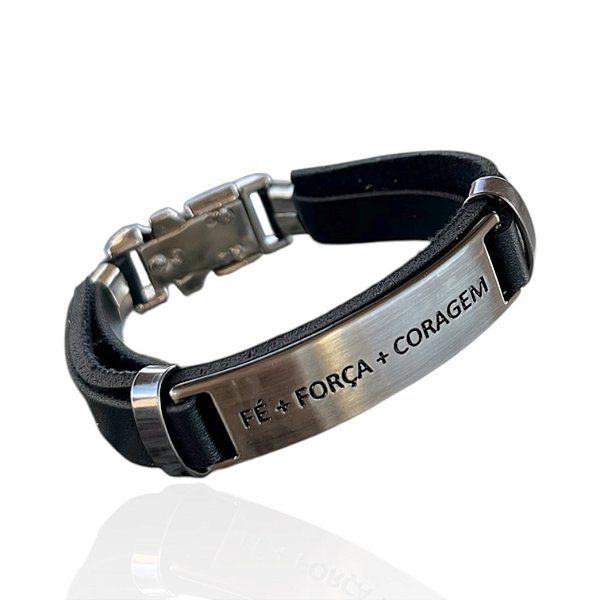 Pulseira Masculina Couro Bijuteria Fé Força Coragem