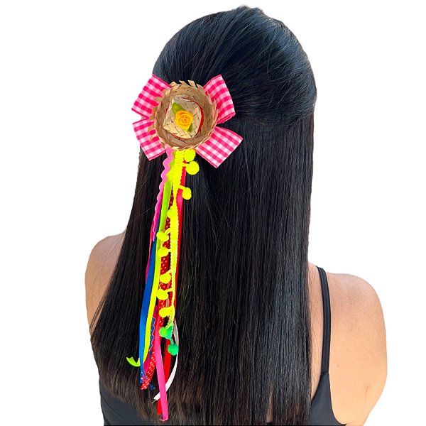 Xuxinha Laço Xadrez Chapéu de Palha Fitas Cetim e Pompom