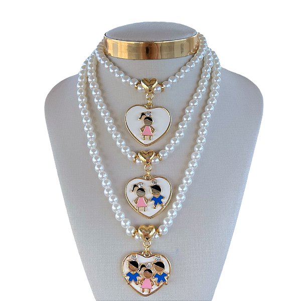 Colar Folheado Ouro 18k Pérolas Coração Resinado Filhos
