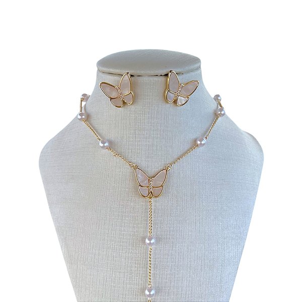 Conjunto Folheado Ouro 18k e Prata 925 Borboleta Gravatinha Madrepérolas