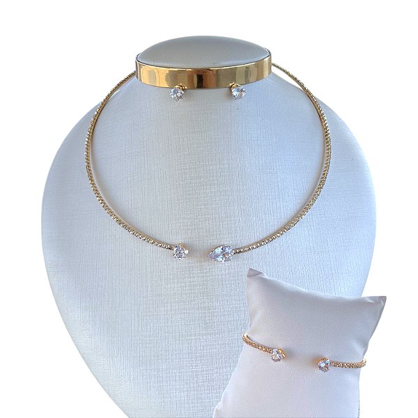 Conjunto Aro Strass Bijuteria Coração Gota Cristal