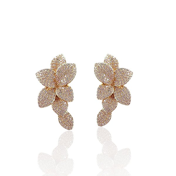 Brinco Folheado Ouro 18k e Prata 925 Folhas Cravejada