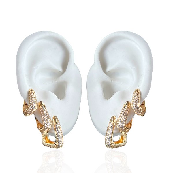 Trio Brincos Folheado Ouro 18k e Prata 925 Argolas Quadrada Cravejada