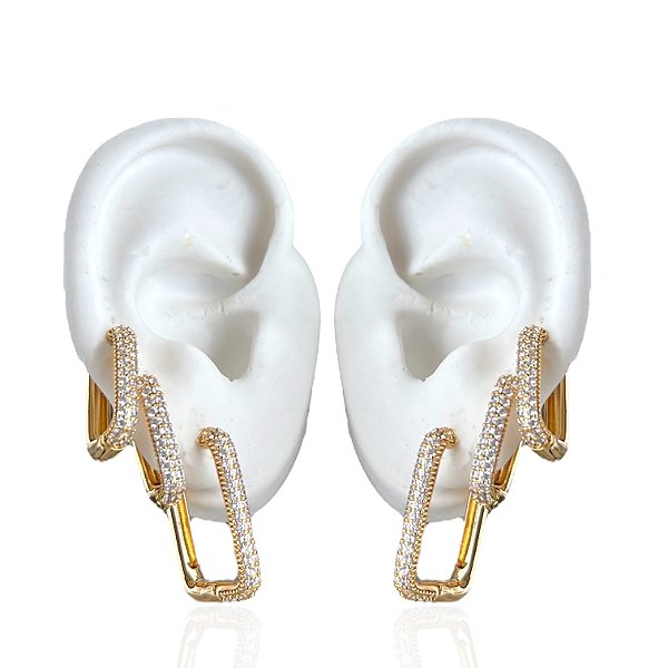 Trio Brincos Folheado Ouro 18k e Prata 925 Argolas Quadrada Cravejada