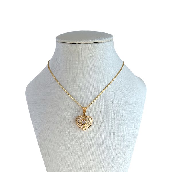 Colar Folheado Ouro 18k Coração Cravejado