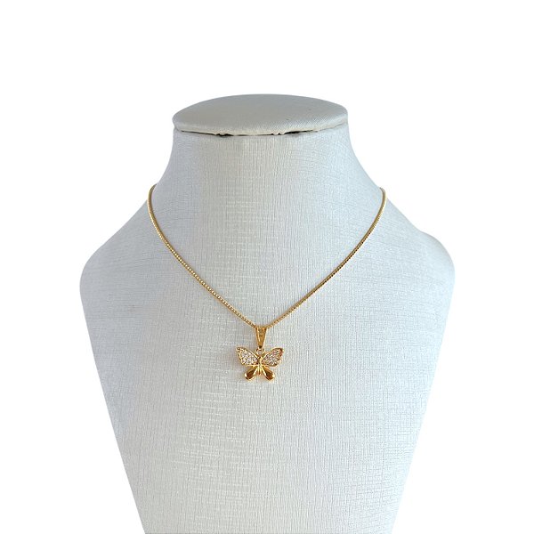 Colar Folheado Ouro 18k Borboleta Cravejada