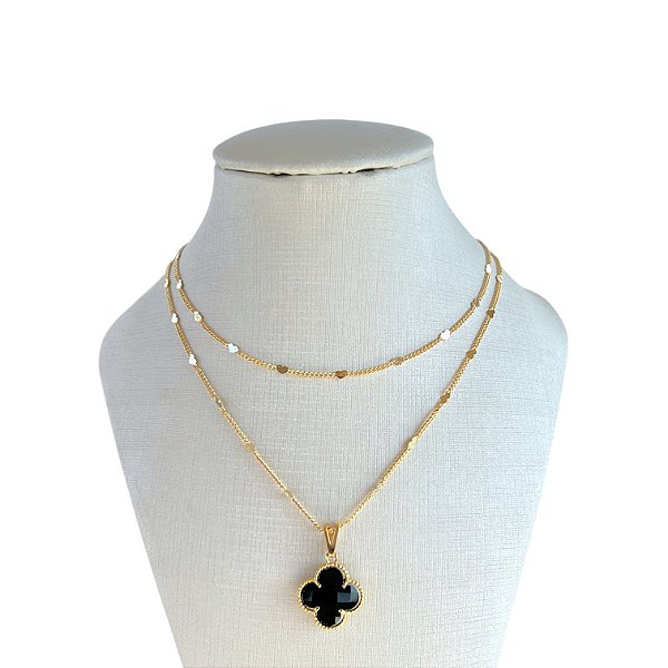 Colar Duplo Folheado Ouro 18k Trevo Cristal