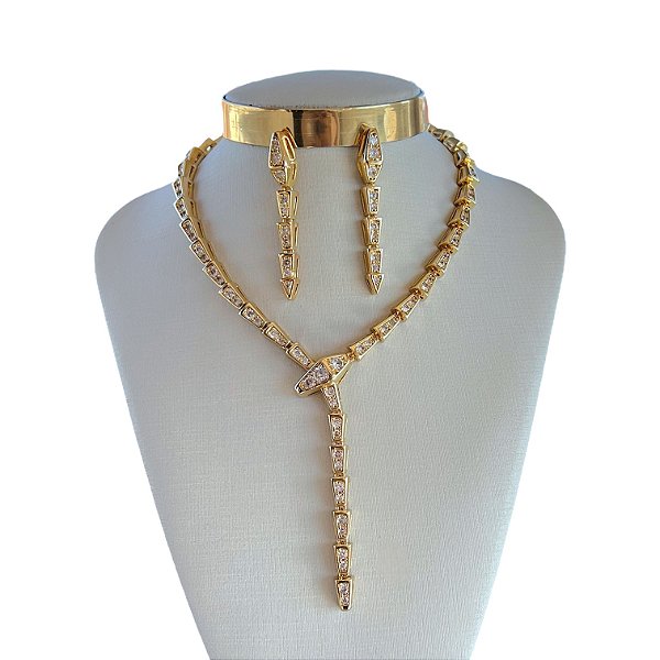 Conjunto Folheado Ouro 18k e Prata 925 Serpente Cravejada