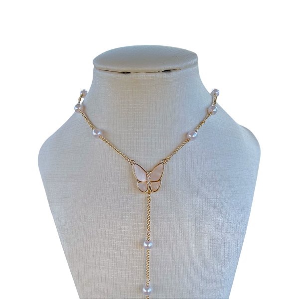 Colar Folheado Ouro 18k e Prata 925 Gravatinha Borboleta Pérolas