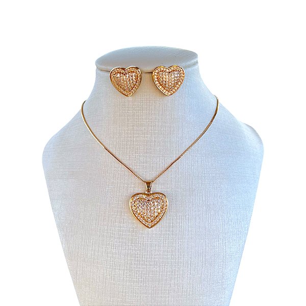Conjunto Folheado Ouro 18k e Prata 925 Coração Cravejado