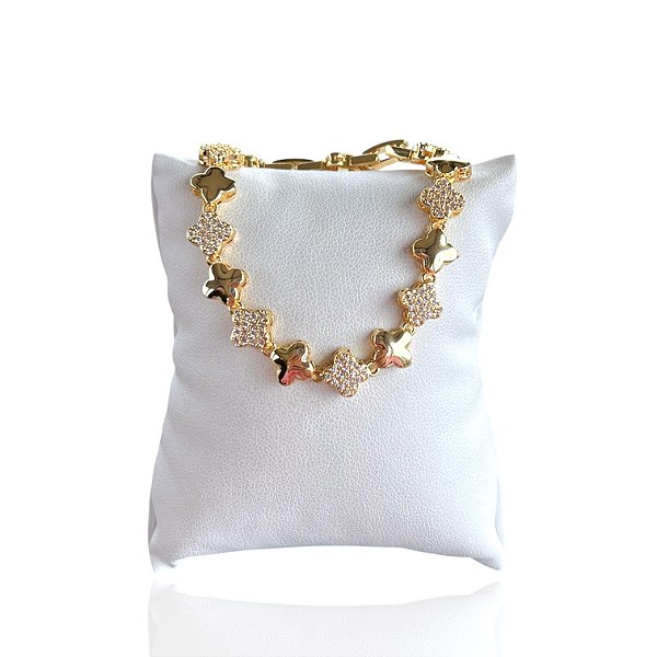 Pulseira Folheada Ouro 18k e Prata 925 Trevo Cravejado
