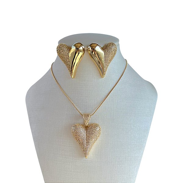 Conjunto Folheado Ouro 18K e Prata 925 Coração Cravejado