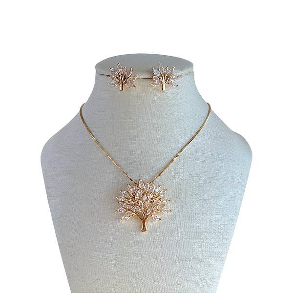 Conjunto Folheado Ouro 18k e Prata 925 Árvore da Vida Cravejada
