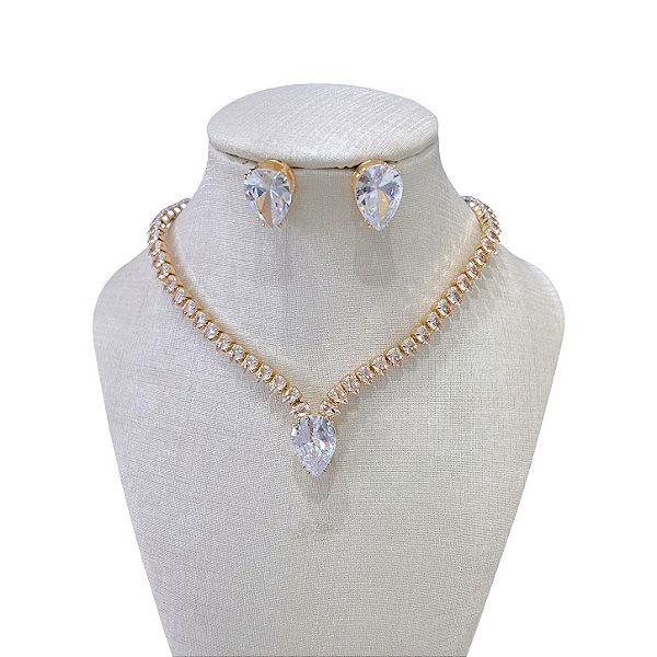 Conjunto Folheado Ouro 18k e Prata 925 Riviera Gota Cravejada