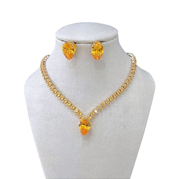 Conjunto Folheado Ouro 18k e Prata 925 Riviera Gota Cravejada