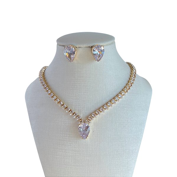 Conjunto Folheado Ouro 18k e Prata 925 Riviera Gota Cravejada