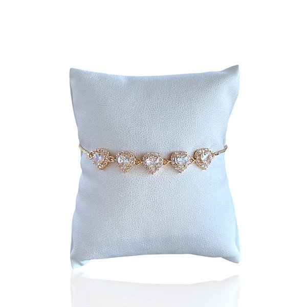 Pulseira Folheada Ouro 18k e Prata 925 Corações Cravejado