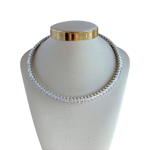 Choker Folheada Ouro 18k e Prata 925 Aro Navetes Cravejados
