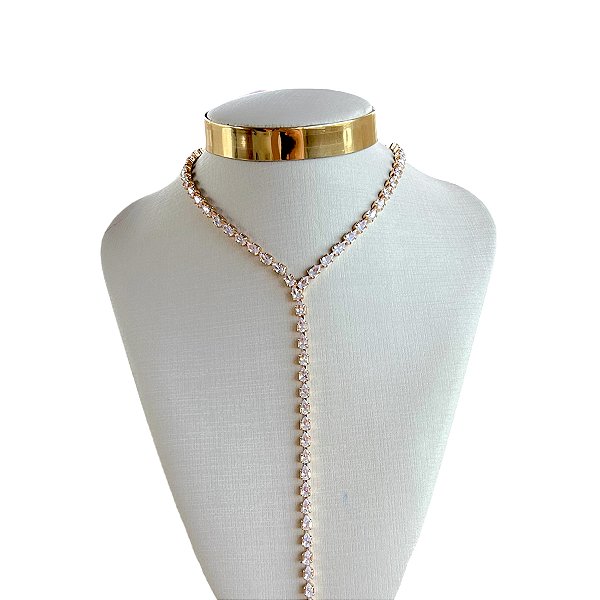 Colar Folheado Ouro 18k e Prata 925 Gravatinha Gota Cristal