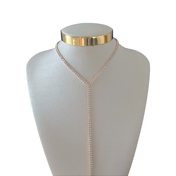 Colar Folheado Ouro 18k e Prata 925 Gravatinha Cravejada Navetes
