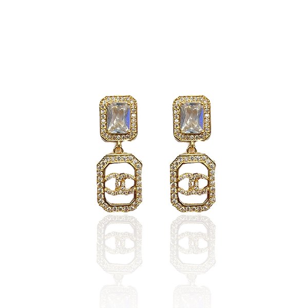 Brinco Folheado Ouro 18k e Prata 925 Quadrado Cristal Inspired Cravejado