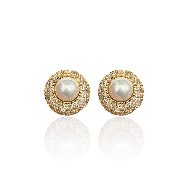Brinco Folheado Ouro 18k e Prata 925 Redondo Pérola Cravejada
