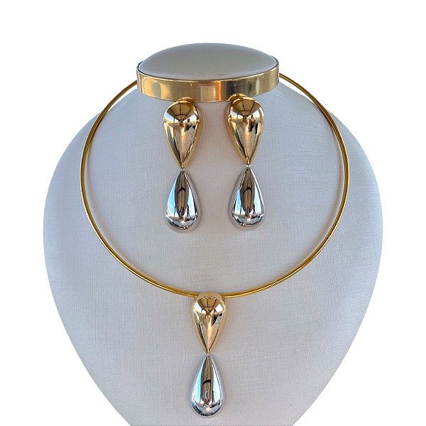 Conjunto Aro Bijuteria Dois Banhos Gota